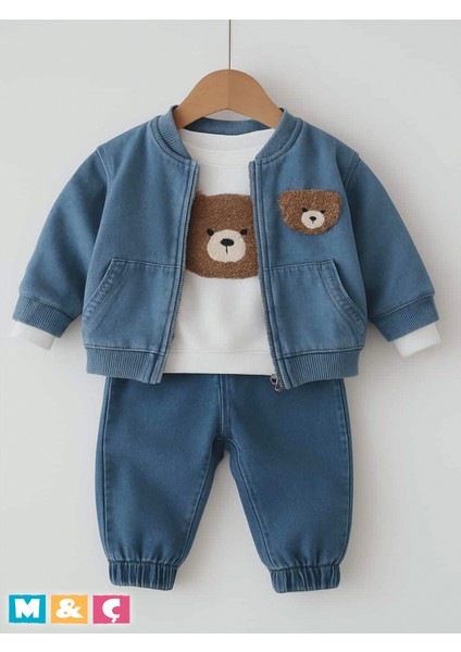 3lü Kombin Kız Erkek Bebek Ayıcık Pelüş Deseni Ceket Sweatshirt ve Pantolon Şık Tasarım Jean Takım fiyatları