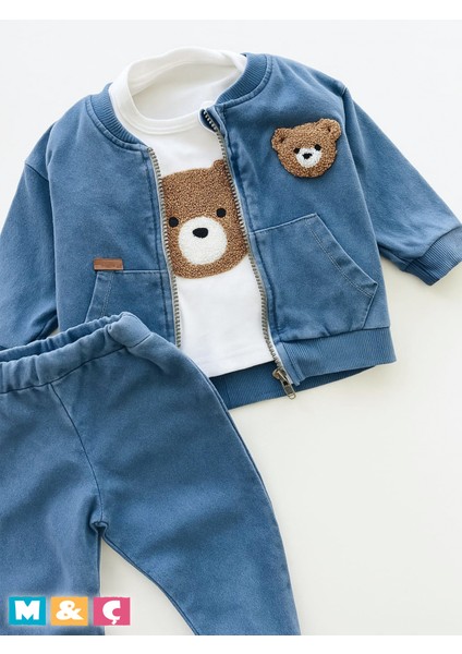 3lü Kombin Kız Erkek Bebek Ayıcık Pelüş Deseni Ceket Sweatshirt ve Pantolon Şık Tasarım Jean Takım modelleri
