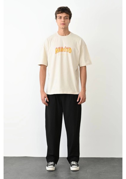 Unisex Bisiklet Yaka Baskılı Oversize T-Shirt - Beyaz -Vlmr