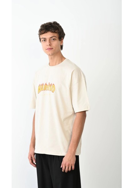 Unisex Bisiklet Yaka Baskılı Oversize T-Shirt - Beyaz -Vlmr modelleri