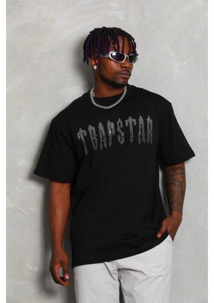 Unisex Oversize Taşlı Bisiklet Yaka T-Shirt - Siyah -Vlmr