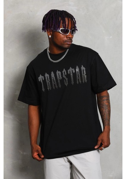 Unisex Oversize Taşlı Bisiklet Yaka T-Shirt - Siyah -Vlmr modelleri