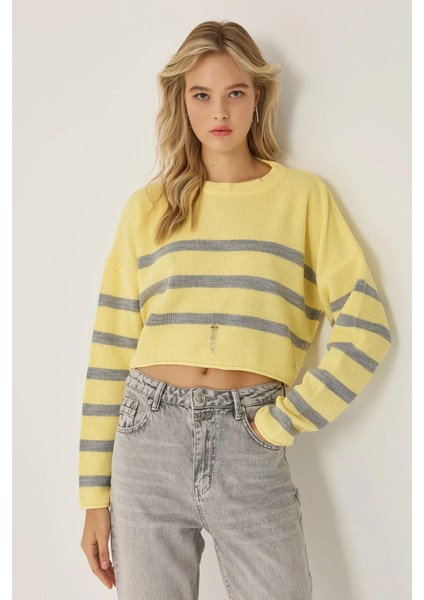 Kadın Çizgili Bisiklet Yaka Kazak Limon Sarısı
