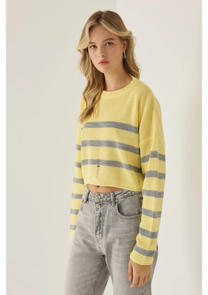 Kadın Çizgili Bisiklet Yaka Kazak Limon Sarısı