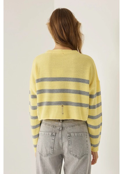 Kadın Çizgili Bisiklet Yaka Kazak Limon Sarısı