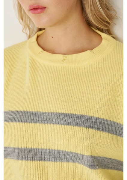 Kadın Çizgili Bisiklet Yaka Kazak Limon Sarısı