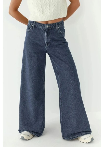 Kadın Yüksek Bel Geniş Bacaklı Kot Pantolon Koyu Mavi Denim