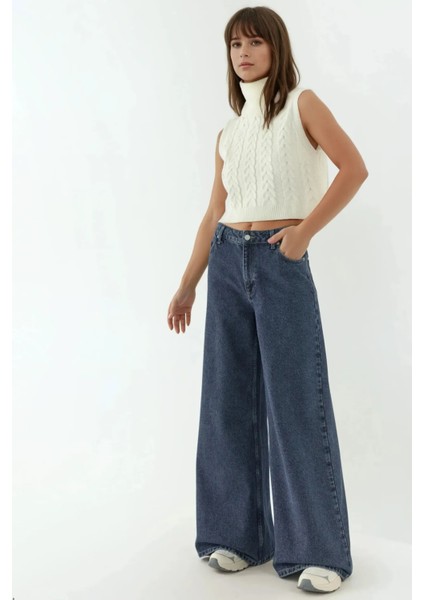 Kadın Yüksek Bel Geniş Bacaklı Kot Pantolon Koyu Mavi Denim