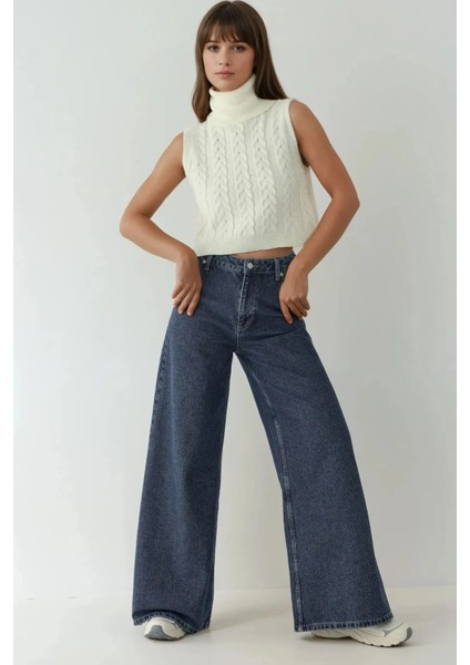 Kadın Yüksek Bel Geniş Bacaklı Kot Pantolon Koyu Mavi Denim