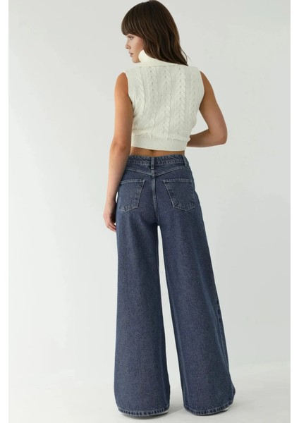Kadın Yüksek Bel Geniş Bacaklı Kot Pantolon Koyu Mavi Denim