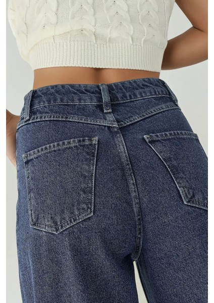 Kadın Yüksek Bel Geniş Bacaklı Kot Pantolon Koyu Mavi Denim