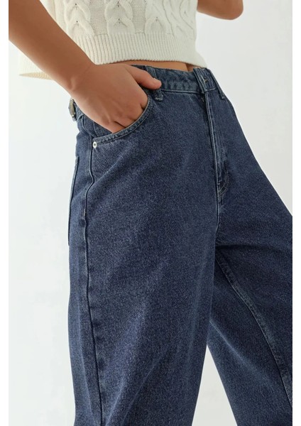 Kadın Yüksek Bel Geniş Bacaklı Kot Pantolon Koyu Mavi Denim