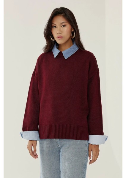 Kadın Bisiklet Yaka Relax Fit Yumuşak Triko Kazak Bordo Kırmızı