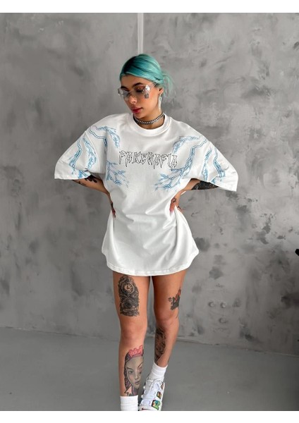 Unisex Bisiklet Yaka Baskılı Oversize T-Shirt - Beyaz -Vlmr fiyatları