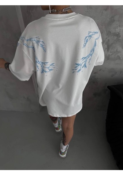 Unisex Bisiklet Yaka Baskılı Oversize T-Shirt - Beyaz -Vlmr modelleri