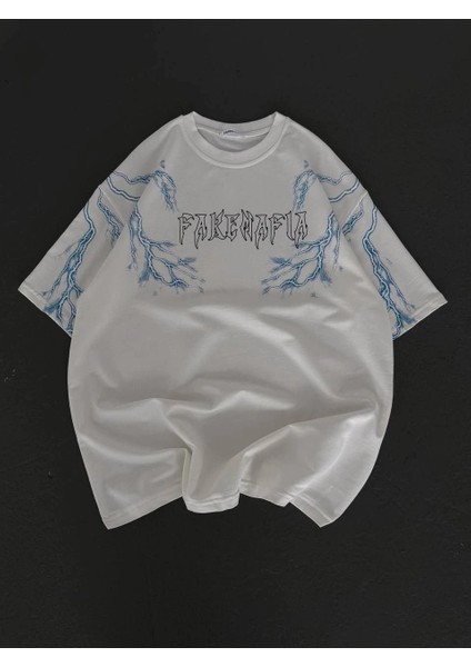 Unisex Bisiklet Yaka Baskılı Oversize T-Shirt - Beyaz -Vlmr fırsatları