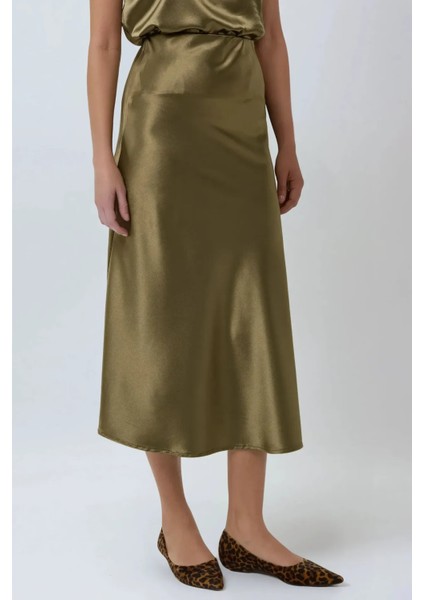Kadın Yüksek Bel Saten Midi Etek Zeytin Yeşili