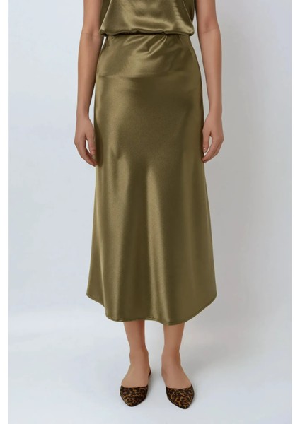 Kadın Yüksek Bel Saten Midi Etek Zeytin Yeşili