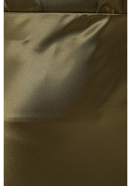 Kadın Yüksek Bel Saten Midi Etek Zeytin Yeşili