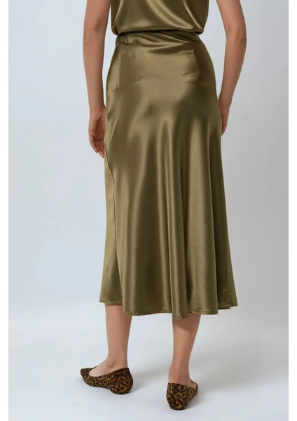 Kadın Yüksek Bel Saten Midi Etek Zeytin Yeşili