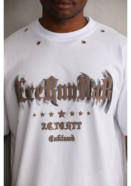 Unisex Kuşgözü Detaylı Baskılı Oversize T-Shirt - Beyaz -Vlmr