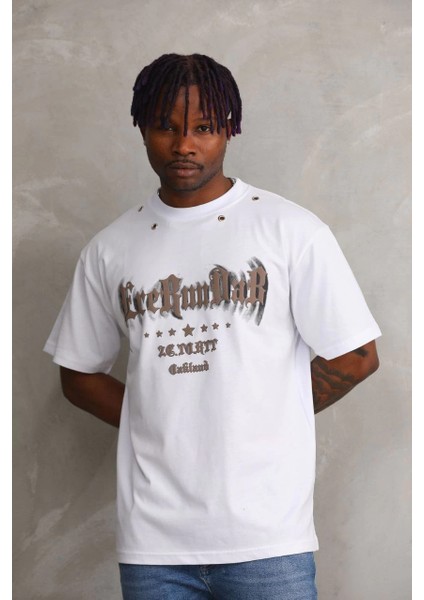 Unisex Kuşgözü Detaylı Baskılı Oversize T-Shirt - Beyaz -Vlmr fiyatları