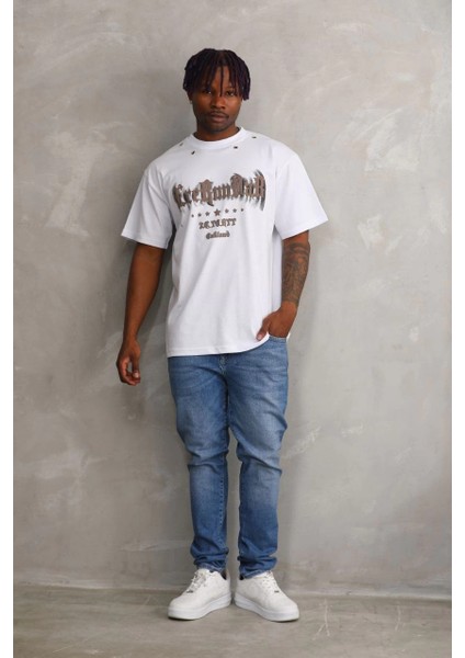 Unisex Kuşgözü Detaylı Baskılı Oversize T-Shirt - Beyaz -Vlmr indirimleri