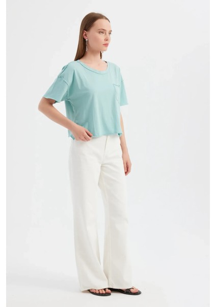 Kadın Temel Dokuma Yuvarlak Yaka Kısa Kollu T-Shirt Mavi