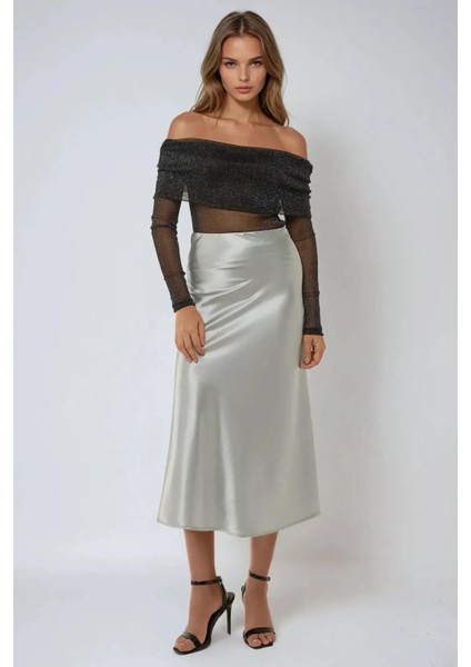 Kadın Yüksek Bel Saten Midi Etek Gümüş Gri
