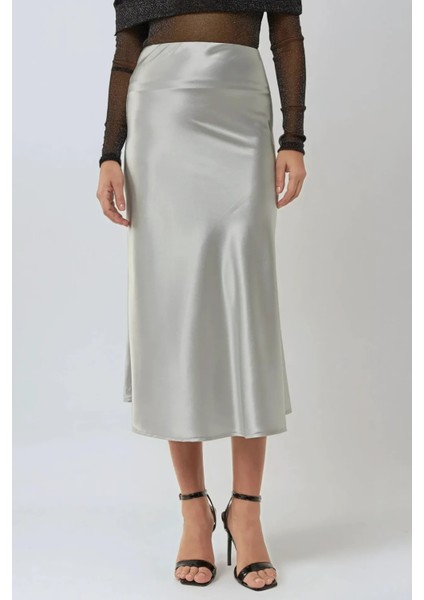 Kadın Yüksek Bel Saten Midi Etek Gümüş Gri