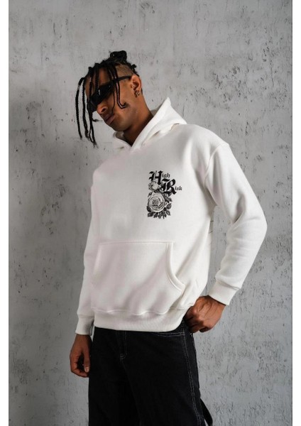 Erkek Baskılı Kapşonlu Sweat - Beyaz -Vlmr