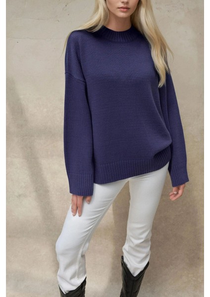 Kadın Bisiklet Yaka Relax Fit Yumuşak Triko Kazak Kobalt Mavisi