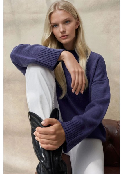 Kadın Bisiklet Yaka Relax Fit Yumuşak Triko Kazak Kobalt Mavisi