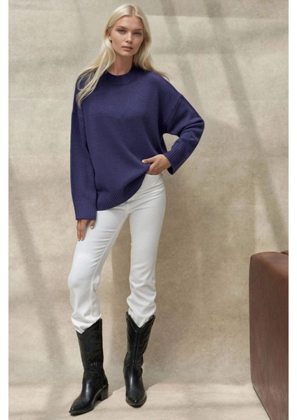 Kadın Bisiklet Yaka Relax Fit Yumuşak Triko Kazak Kobalt Mavisi