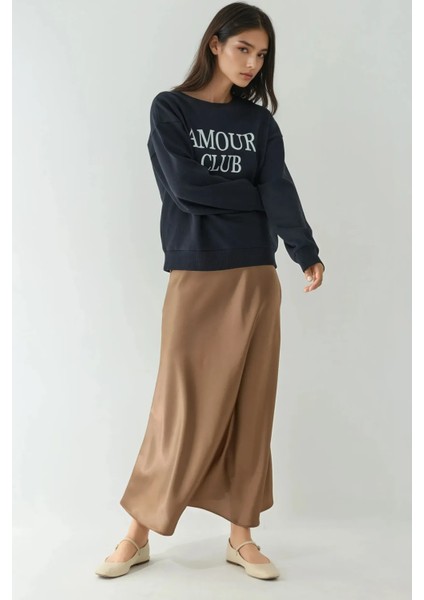 Kadın Yüksek Bel Saten Midi Etek Mocha Kahvesi