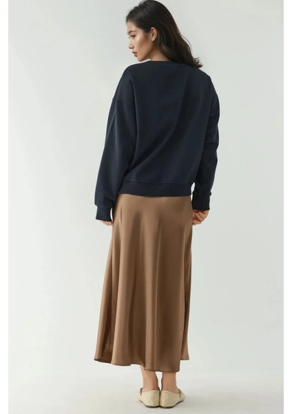 Kadın Yüksek Bel Saten Midi Etek Mocha Kahvesi