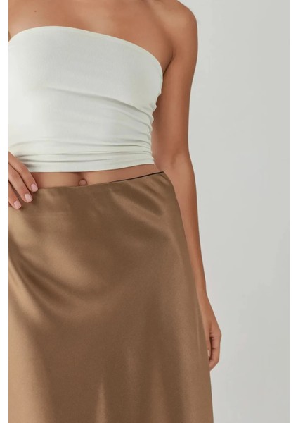 Kadın Yüksek Bel Saten Midi Etek Mocha Kahvesi