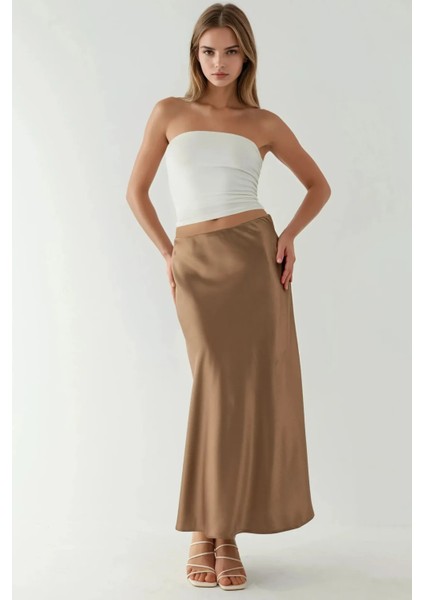 Kadın Yüksek Bel Saten Midi Etek Mocha Kahvesi
