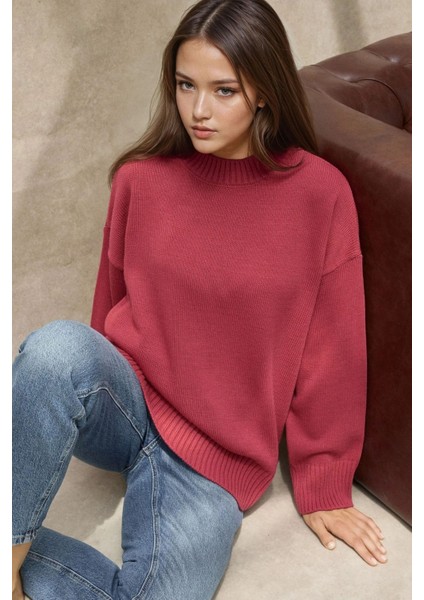 Kadın Bisiklet Yaka Relax Fit Yumuşak Triko Kazak Kiraz Kırmızısı