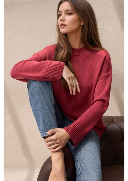 Kadın Bisiklet Yaka Relax Fit Yumuşak Triko Kazak Kiraz Kırmızısı