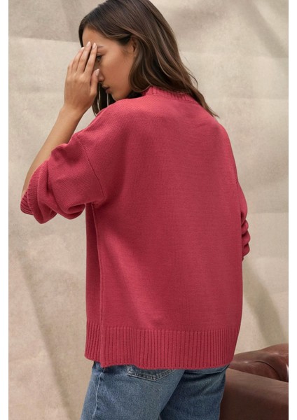 Kadın Bisiklet Yaka Relax Fit Yumuşak Triko Kazak Kiraz Kırmızısı