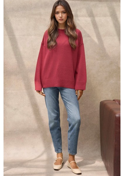 Kadın Bisiklet Yaka Relax Fit Yumuşak Triko Kazak Kiraz Kırmızısı