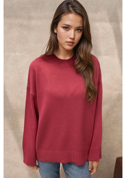 Kadın Bisiklet Yaka Relax Fit Yumuşak Triko Kazak Kiraz Kırmızısı