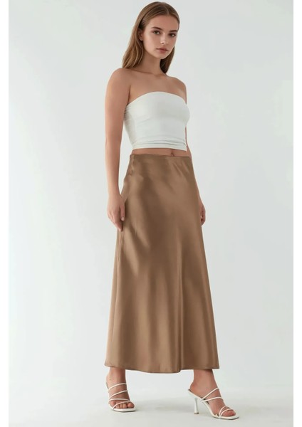Kadın Yüksek Bel Saten Midi Etek Mocha Kahvesi