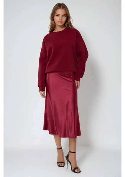 Kadın Yüksek Bel Saten Midi Etek Bordo Kırmızı