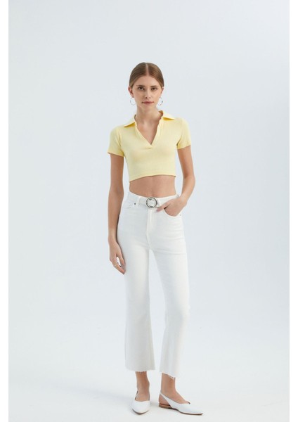 Kadın V Yakalı Polo Crop Top Sarı