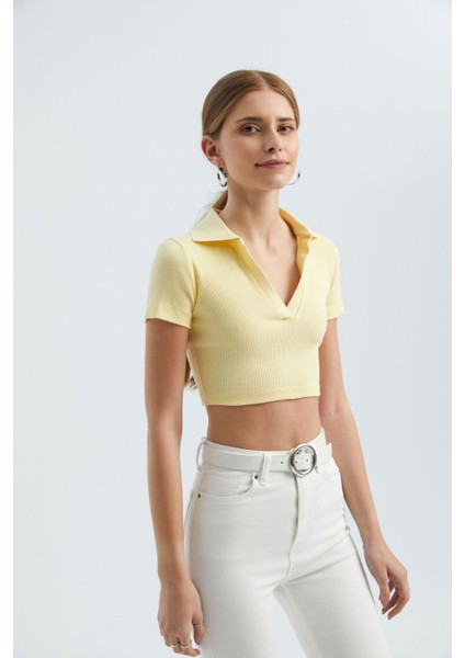 Kadın V Yakalı Polo Crop Top Sarı