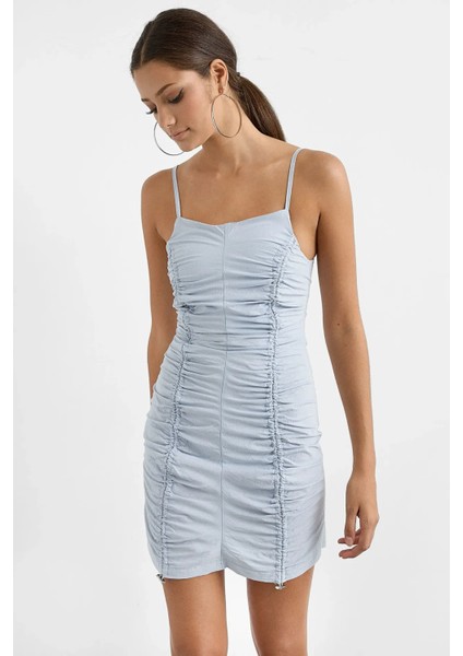 Kadın Burmalı Mini Elbise Bebek Mavisi
