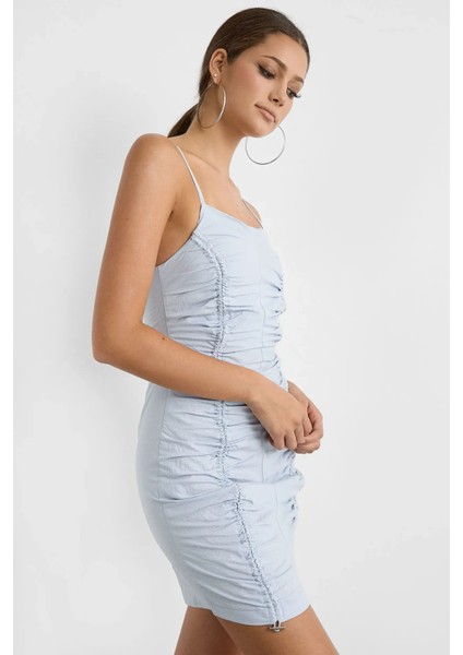 Kadın Burmalı Mini Elbise Bebek Mavisi