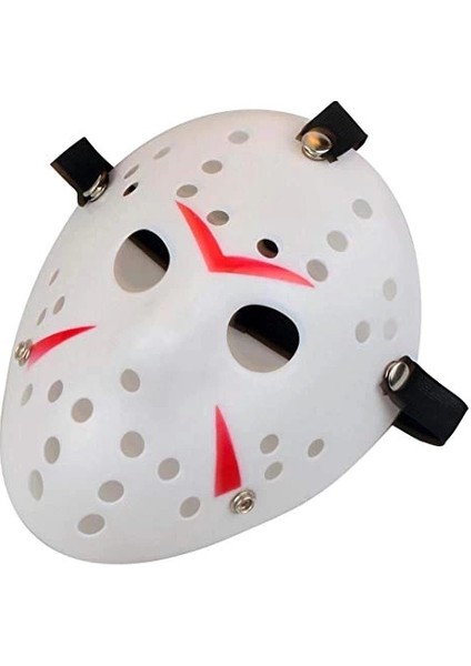 Beyaz Renk Kırmızı Çizgili Tam Yüz Hokey Jason Maskesi Hannibal Maskesi